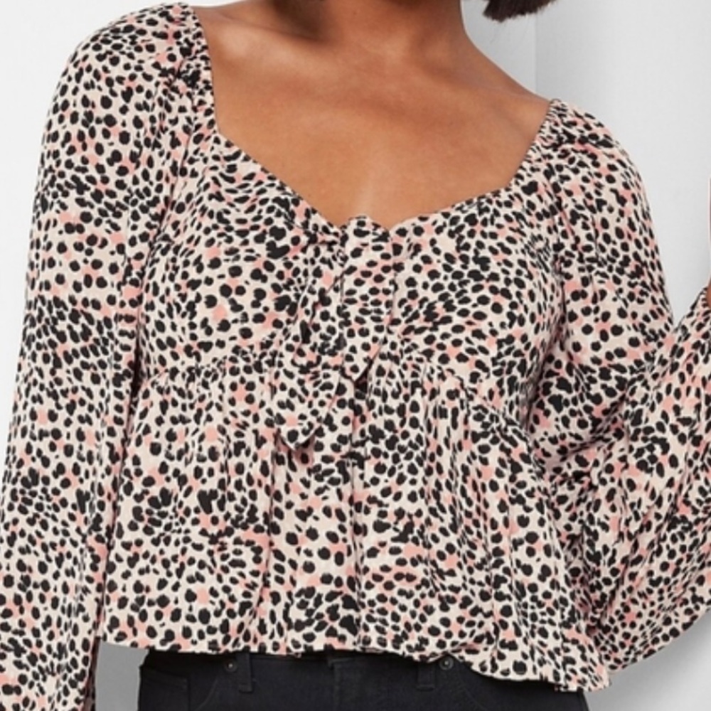 Express Black and Pink Ruched Tie Front Crop Blouse